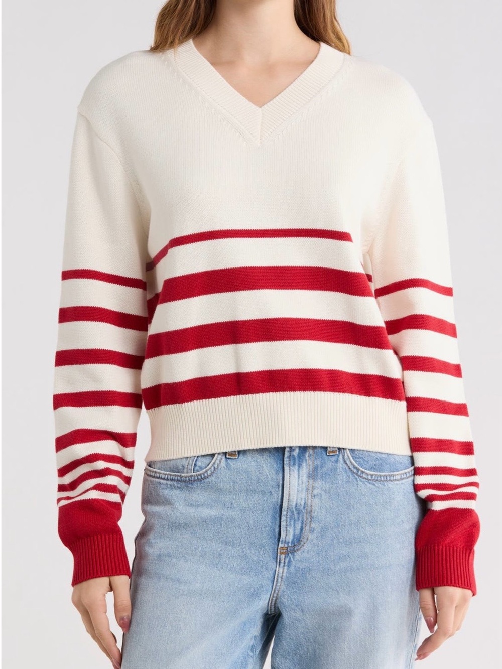 New French Connection Stripe V-Neck Sweater Cream Red Medium